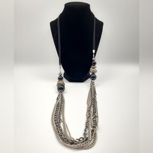 Vintage Multi Strand Chain Tassel Necklace Black Bead Silver Tone Statement
